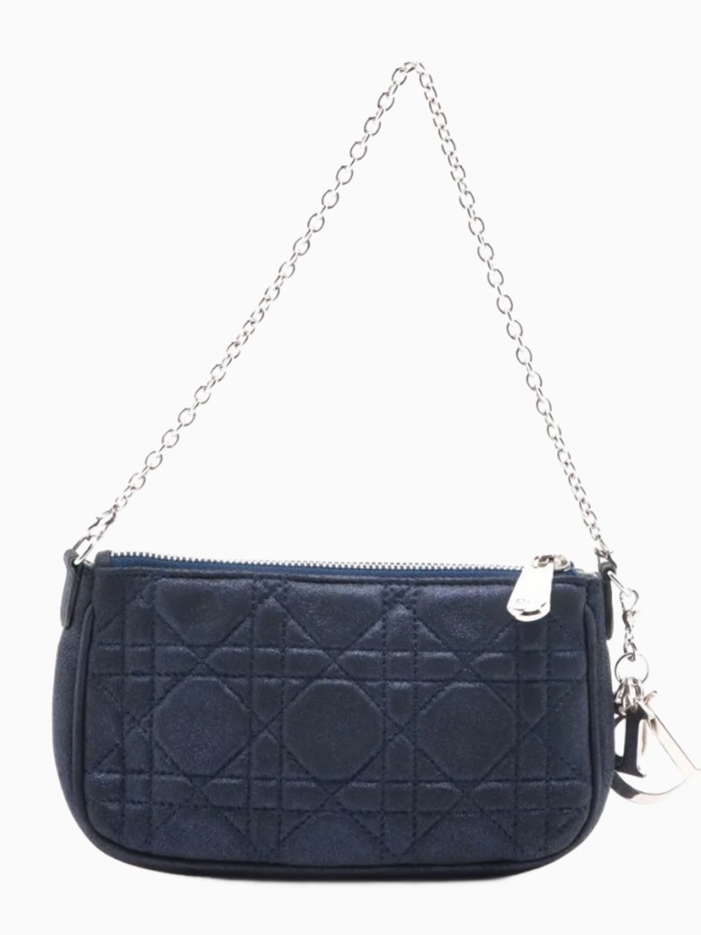 DIOR Metallic Navy Blue Mini Canage Purse Silver tone Chain Strap & DIOR Charm